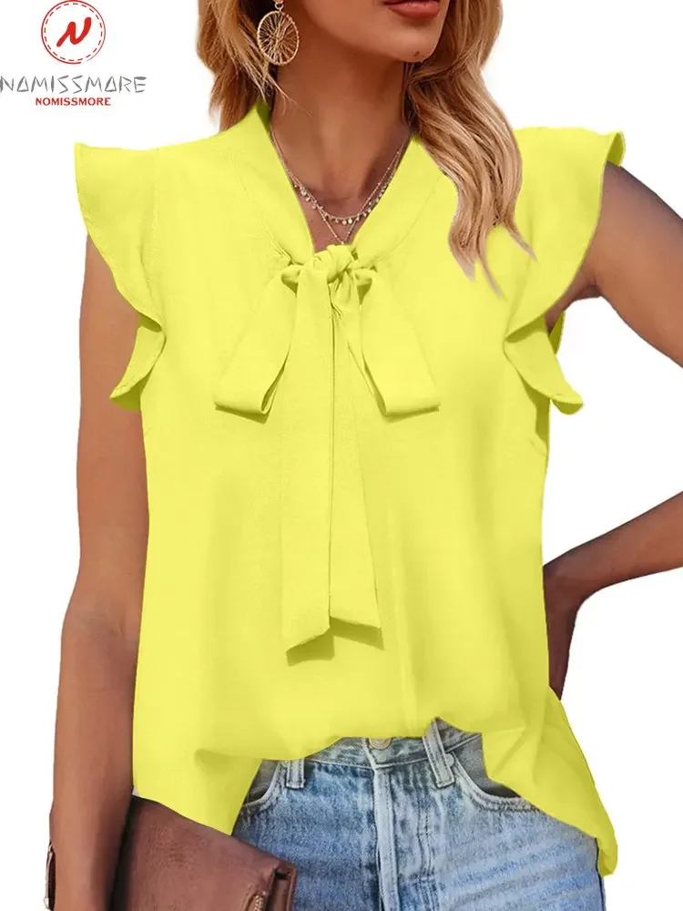 

Sweet Women Summer Solid Color Blouse Patchwork Design Ruffles Decor Bow Butterfly Sleeve Loose Pullovers Thin Top
