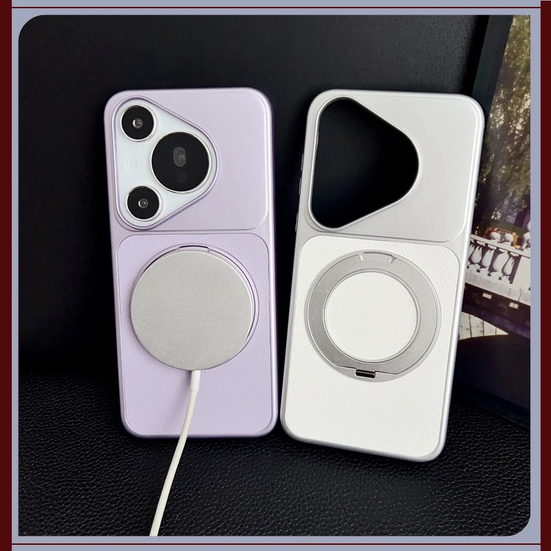 Fashion Magnetic Lychee Texture PU Leather Ultra Thin 360° Rotation Ring Stand Phone Case