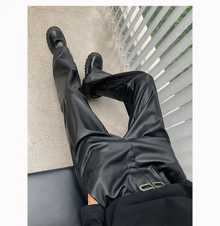 Men's Korean Streetwear Fashion Vintage Loose Causal Leather Micro Flared Pants Man American Style High Street Trousers
