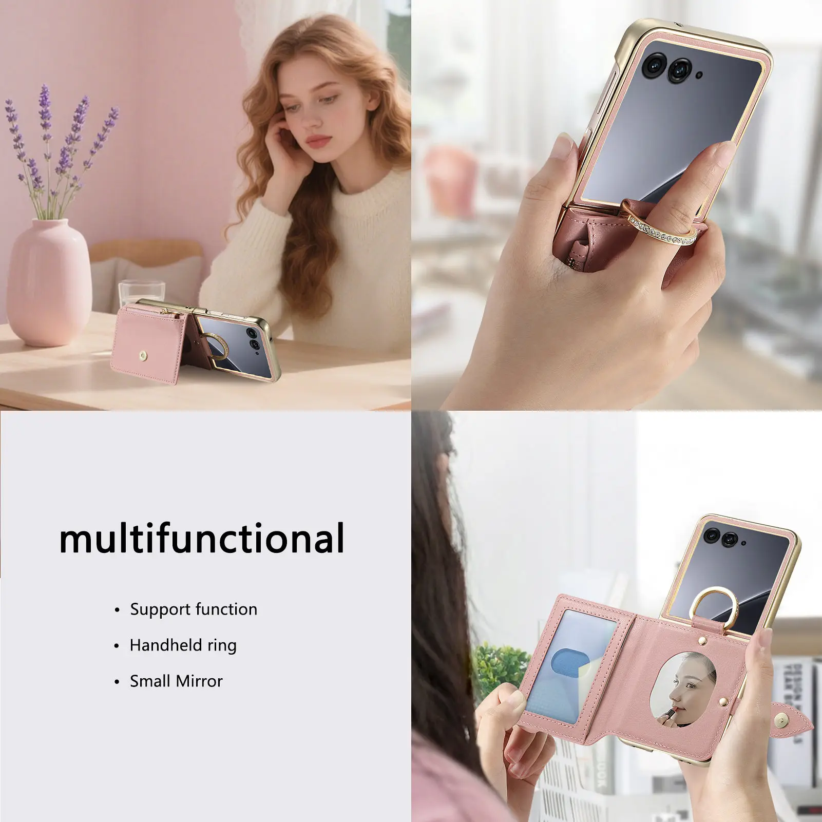 Luxury Zipper Leaf Magnetic Ring Holder Mirror Cards Solt Leather Phone case For Motorola Razr 60 50 Ultra Shockproof Cover