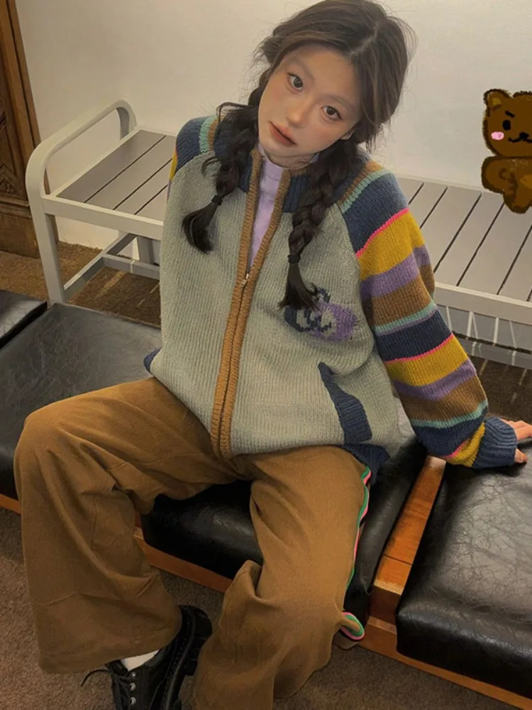 빈티지 스트라이프 가디건, Y2k 미적인 루즈 지퍼 그런지 니트 스웨터, 일본 캐주얼 스위트 레인보우 코트, 대비 색상