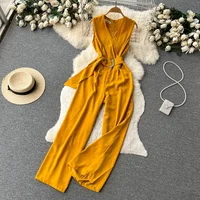 Summer Women Long Jumpsuits V Neck Sleeveless Belt Design Zipper Loose Wide Legs Pants 2024 New Fashion OL Bodysuits - Image 2