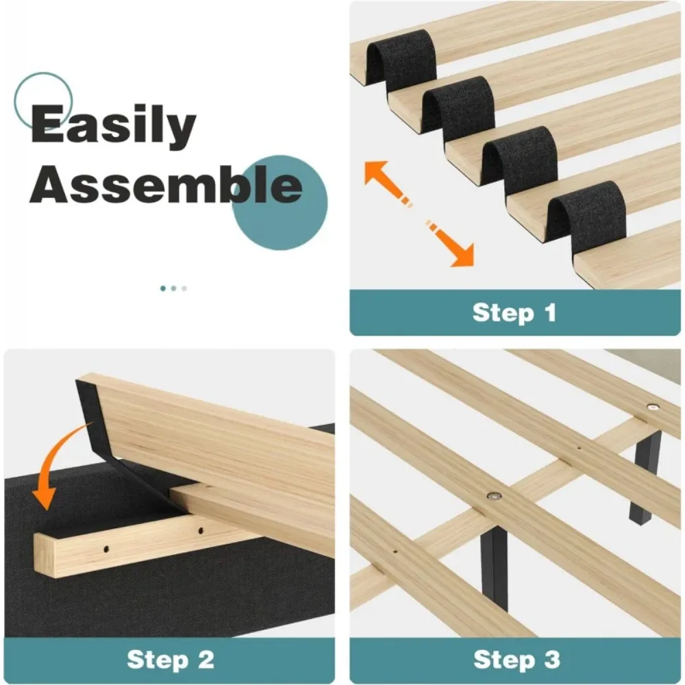 Queen Headboard,Linen Upholstered Bed Frame with Wood Slats Support,No Box Spring Needed,Heavy Duty Feet,Easy Ass 4