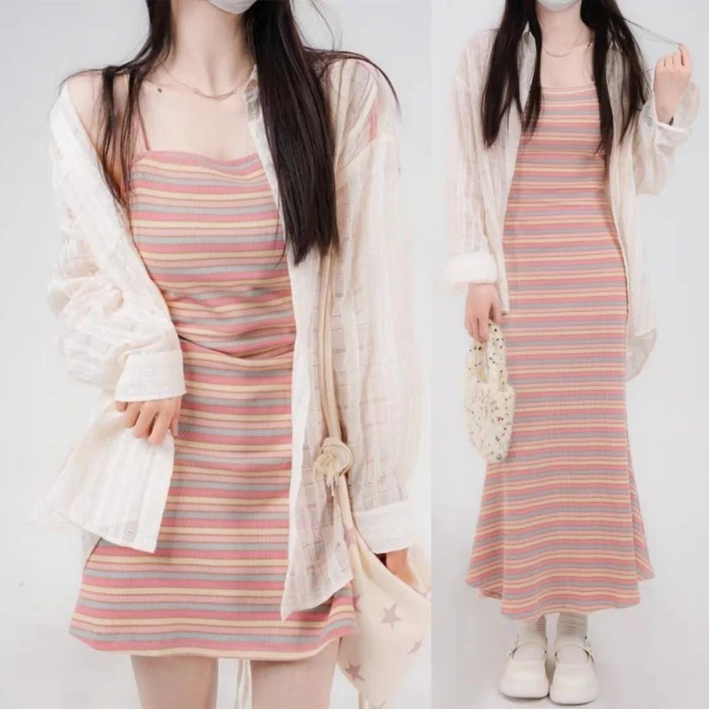 Large Women's Pure Desire Wind Rainbow Stripe Wrapped Hip Sling Dress Long Short Sunscreen Shirt Women's Two Piece Set For Woman 2pcs set pregnancy pajamas sleepwear nursing pregnant woman sling breastfeeding nightgown maternity labor dress robe childbirth