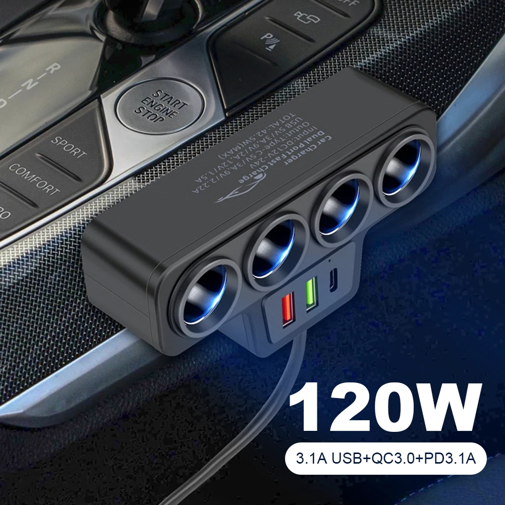 Car Cigarette Lighter Adapter QC3.0+PD 3.1A 12V-24V 3 USB Socket 4-Socket 120W Car Cigarette Lighter Splitter Fast Charger Plug