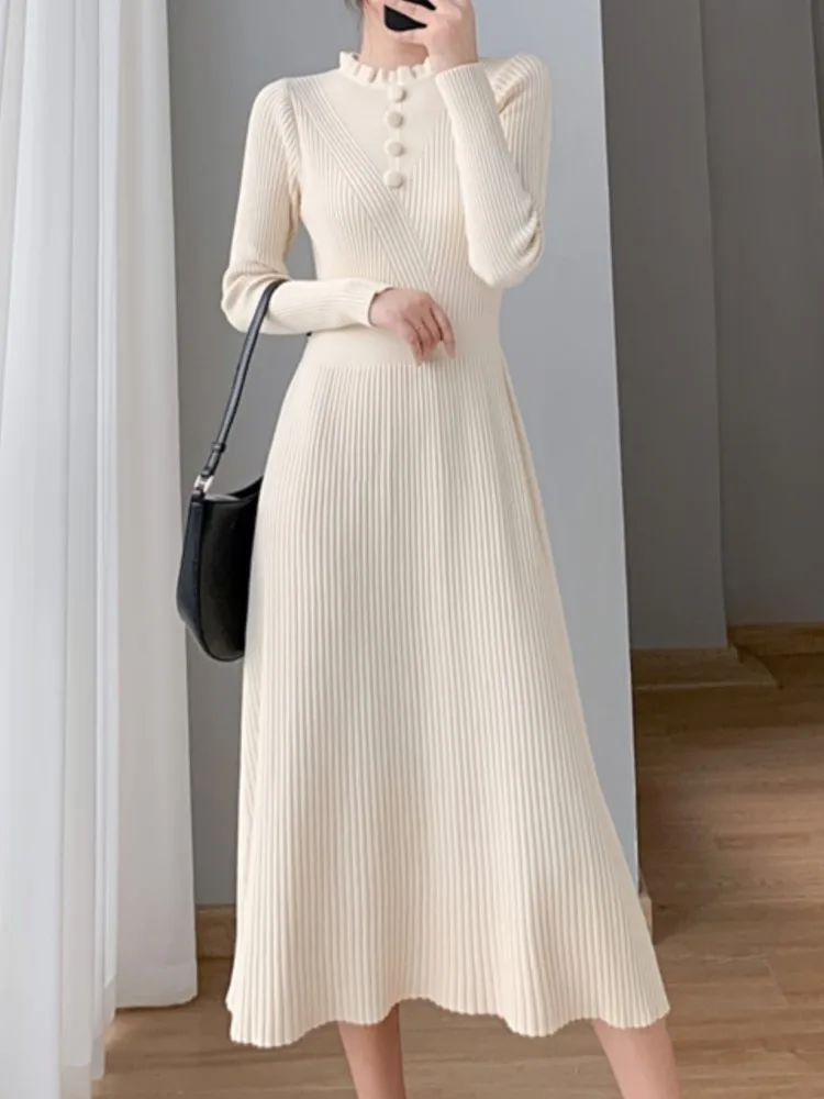 

Women Fashion New Elegant Solid Sweater Dress Vintage A-Line Party Chic Autumn Winter Knitted Vestidos Female Ribbed Warm Robe