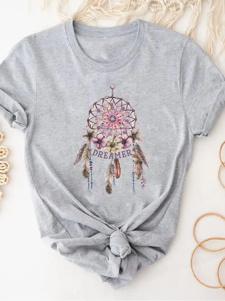 Women Clothing Print Gray T Shirt Short Sleeve Summer Top Plant Flower Trend Fashion Clothes Basic Tee Graphic T-shirt