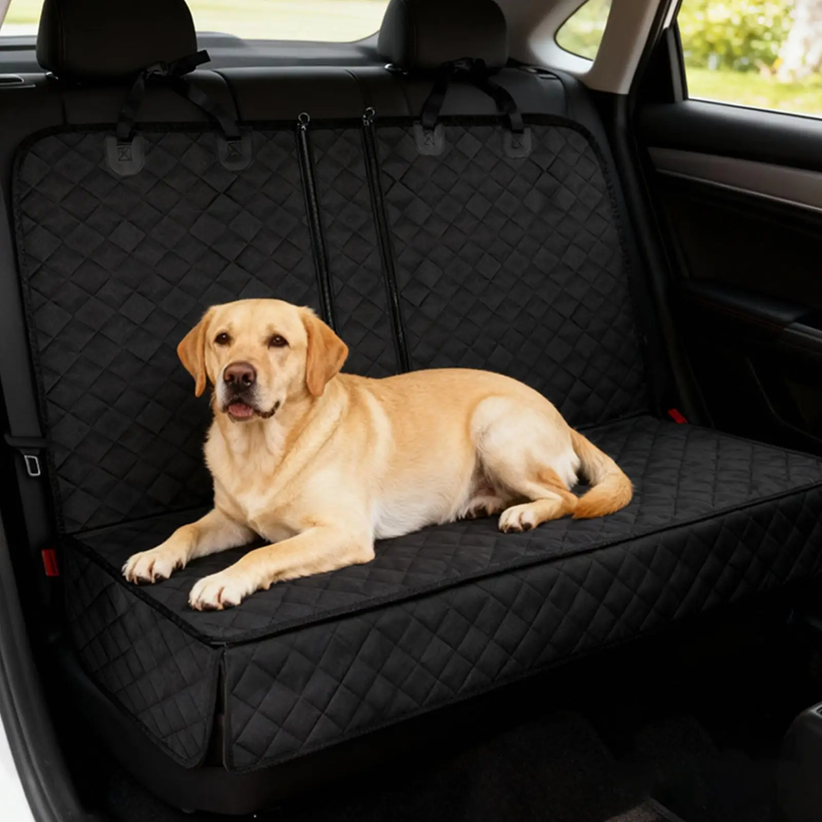방수 강아지 시트 커버 (이중 지퍼 & 조절 가능한 스트랩 포함) 자동차 내부 액세서리용 풀 커버리지 뒷좌석 보호대