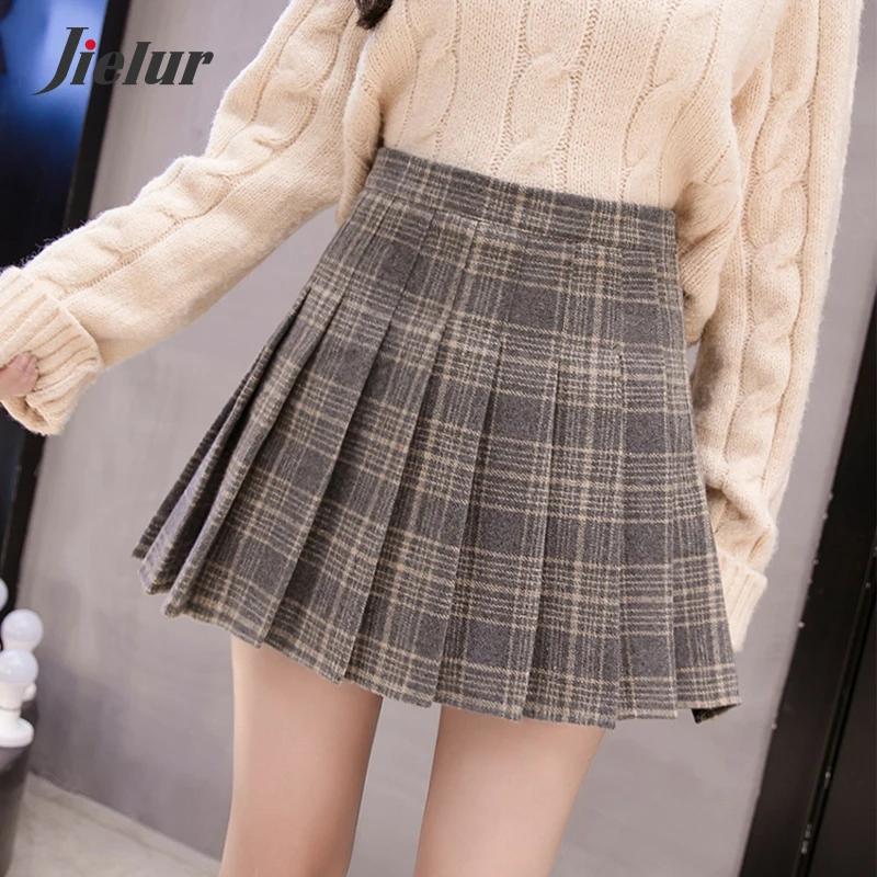 

Woolen Pleated Skirts Womens Fashion Slim High-waisted Skirt A-line Autumn Winter Khaki Blue Plaid Skirts Girls S-XL