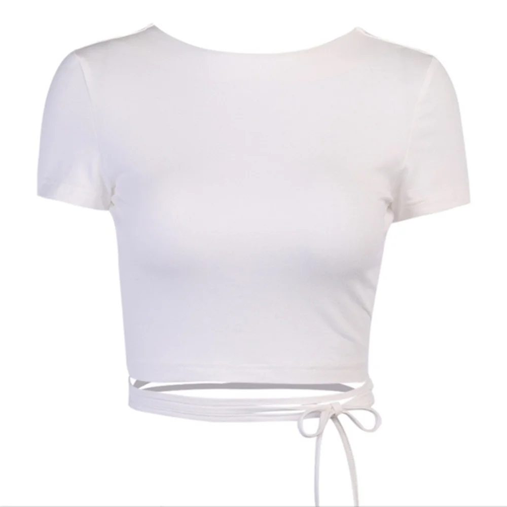 Womens Crop Tops Cute Summer Bandage Round Neck Basic Tees Slim Fit Trendy White Short Sleeve Backless T Shirts for Teen Girls - Image 3