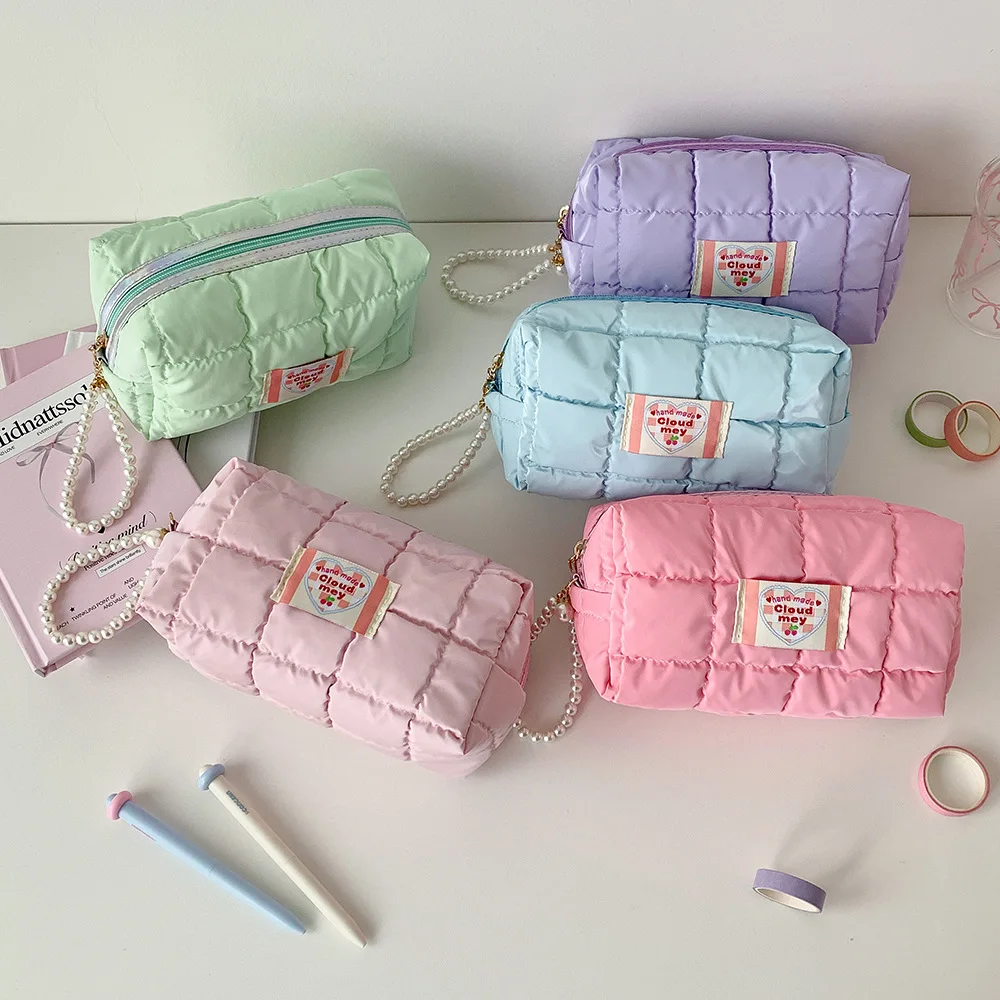 Pearl Handle Cosmetic Bag Portable Large Capacity Makeup Bag Travel Toiletry Bag Solid Color For Suitcase Purse School