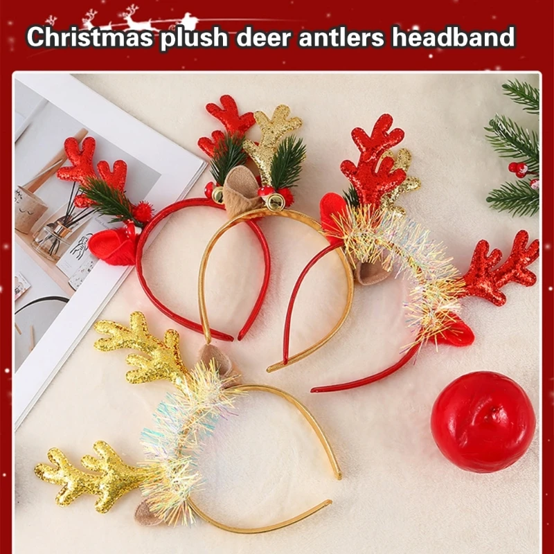 Set Of 6 Christmas Theme Plush Antler Headbands Stylish Christmas Antler Headbands Hair Adornment For Family Celebration