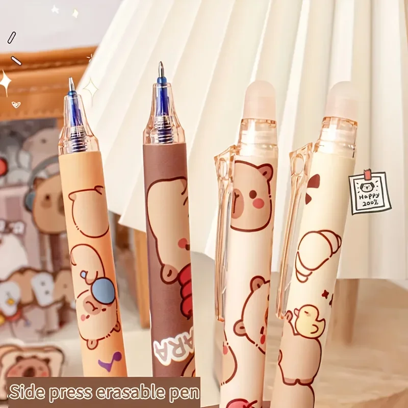 6pcs Capybara-Themed Erasable Pens And Stickers for Decoration,Featuring a 0.5Mm Fine Tip, Quick-Drying Ink, Retractable Design