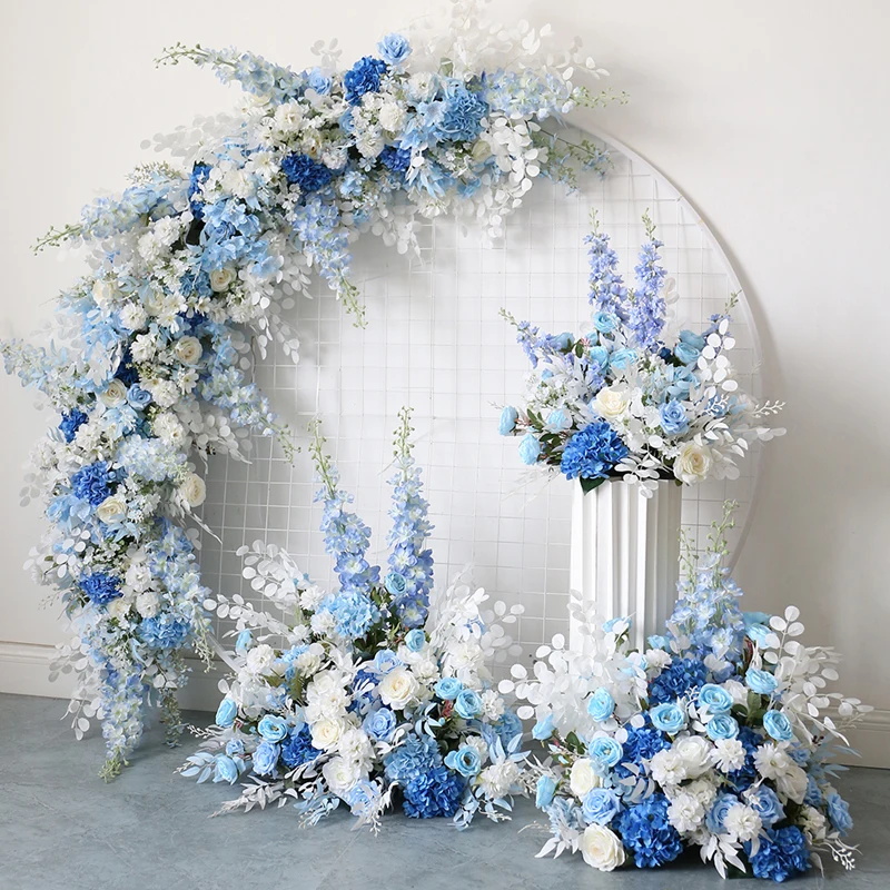 

White Rose Blue Delphinium Artificial Flower Row Hanging Flower Wedding Party Background Arch Decor Road Lead Floral Ball Props