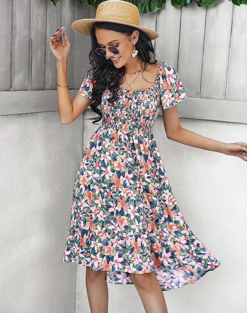 Waliicorners Casual Bohemian New Short Sleeve Medium Long Dresses Summer Floral Off The Shoulder Dress For Women 24