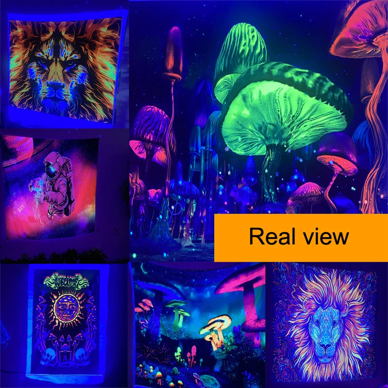 Cool Black Light Let's Glow Flourescent Tapestry UV Reactive Tapestries Wall Hanging Hippie Party Night Decor Home Room