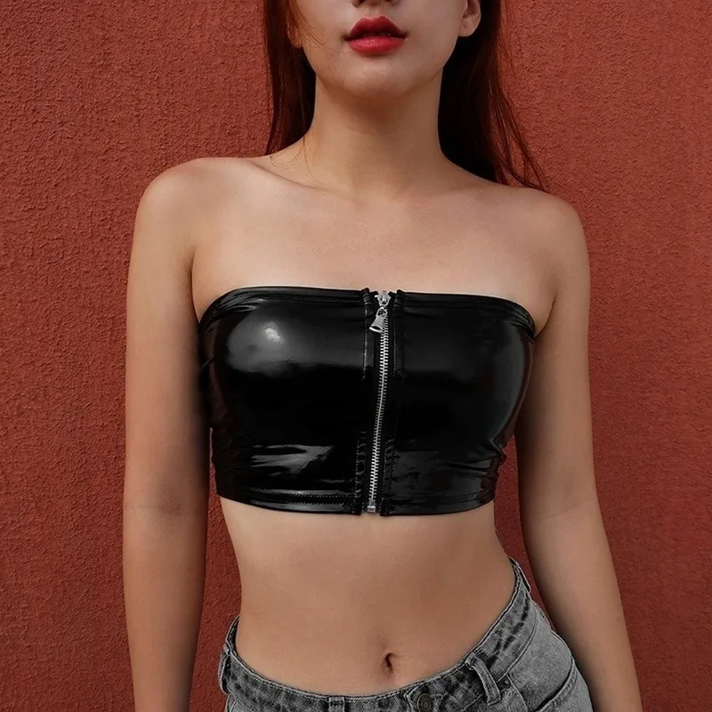 

Sexy Women Crop Top Tee Shirt Club Faux Leather Off Shoulder Bra Top Tank