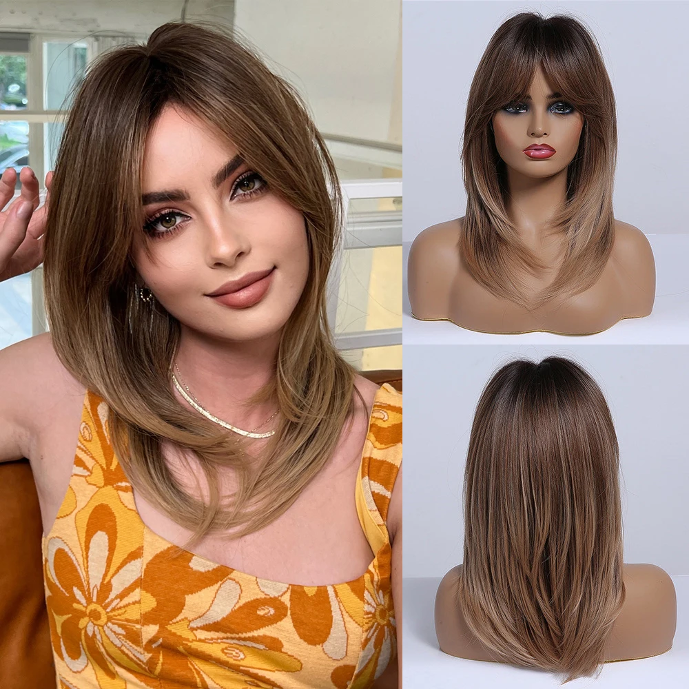 ESIN براون شعر مستعار صناعي طبيعي مع الانفجارات طو...