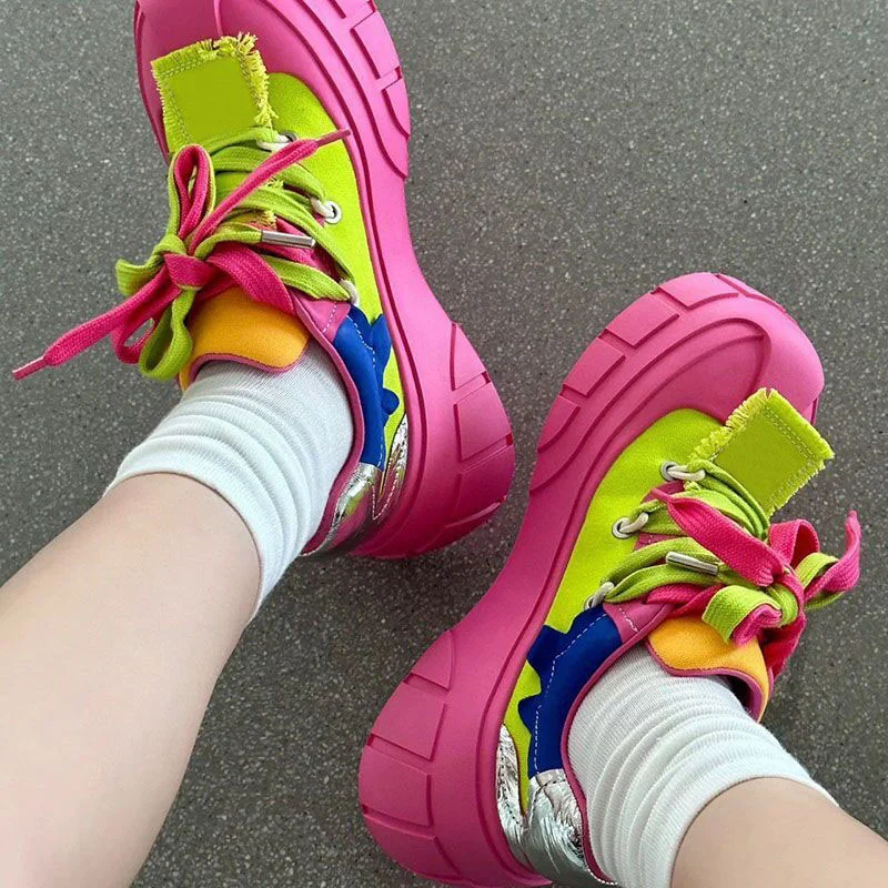 

Spring Autumn Round Toe Platform Daddy Shoes Mixed Color Lace Up Patchwork Sneakers Genuine Leather Thick Sole Casual Shoes 2023