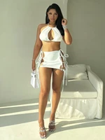 Women's sexy two-piece set with lace up off the shoulder and navel top strap up mini skirt 1