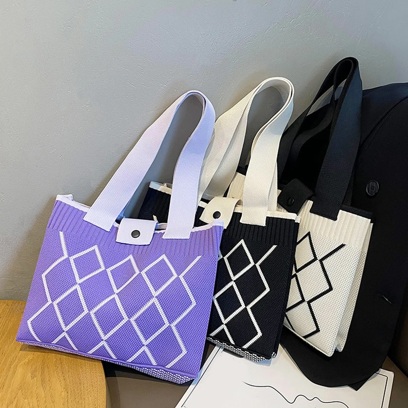 Candy Color Knitted Mobile Phone Bag Rhombic Design Woven Small Shopper Handbag Shoulder Crossbody Bag For Women