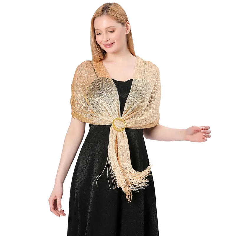 Brillare Scialle Donna Elegante Metallizzato Con Nappe – Con Bottone, Per Abito Da Sera, Sposa, Festa E Matrimonio