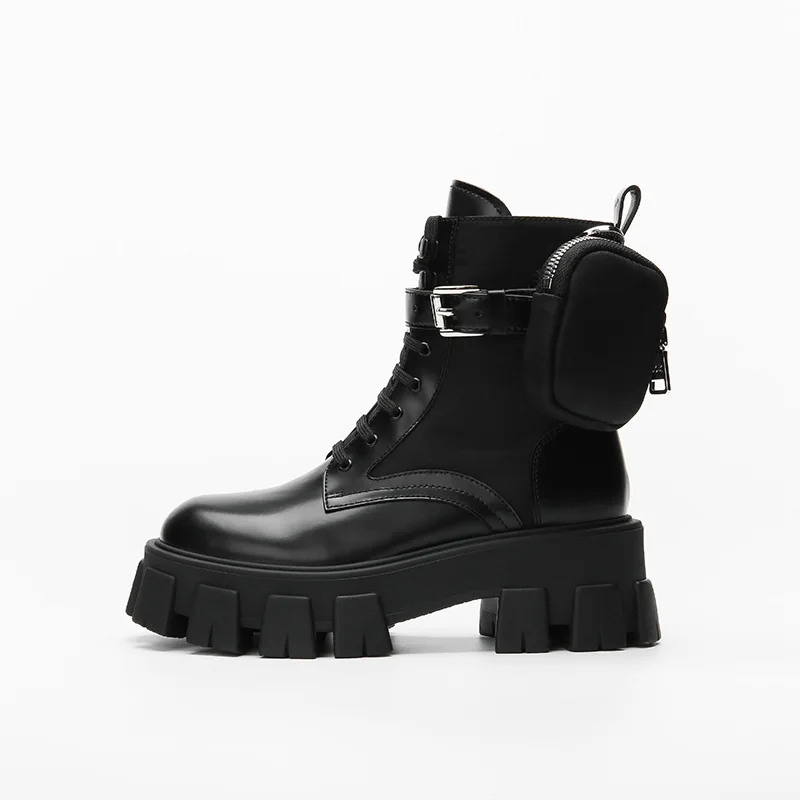 Black Punk Ankle Thick-soled Motorcycle Ankle Boots Women's Lace-up Spring Thick Heel Belt Buckle Pocket Designer Chunky Shoes 