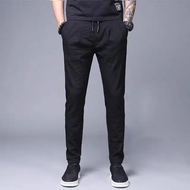 Fashion Minimalist Summer Casual Pants Men Elastic Plaid Thin Style Pockets Business Versatile Straight Ankle Length Trousers
