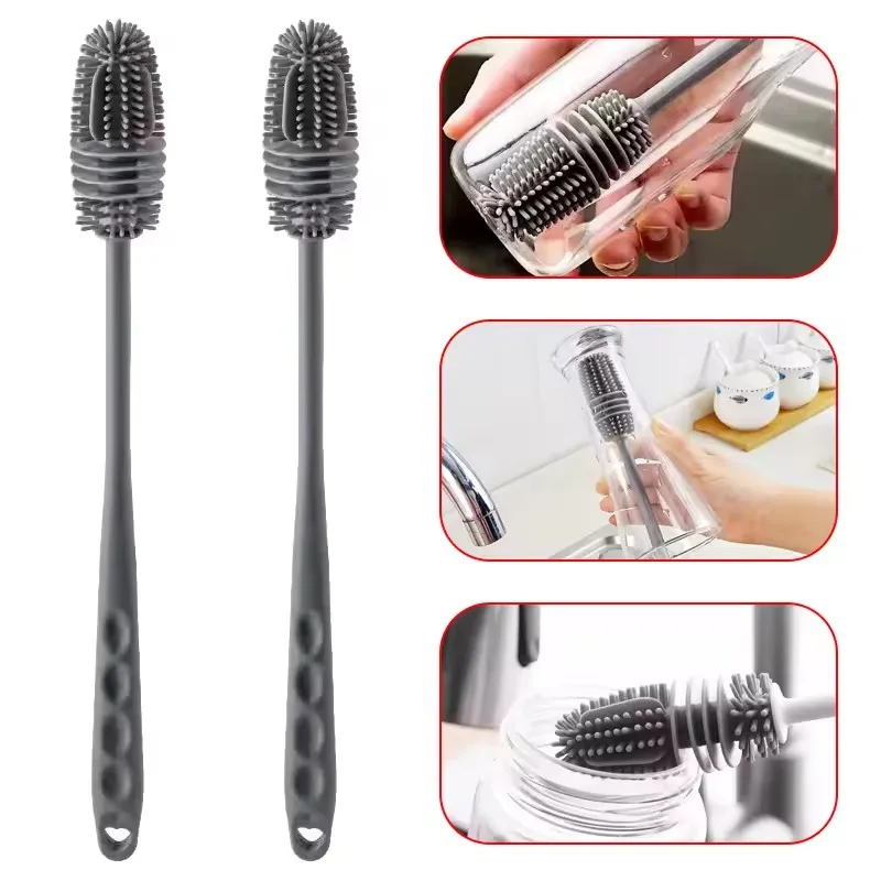 Escova de garrafa de leite de silicone, limpador de vidro, ferramenta de limpeza de cozinha, alça longa, garrafa de bebida, escova de limpeza de copo de vidro