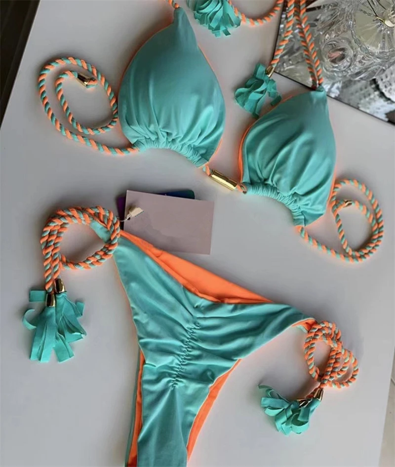 Maillot De Bain Brésilien Femme 2025 - Bikini Tie Side, Bas Tanga - Couleur Unie, Style Sexy Et Décontracté