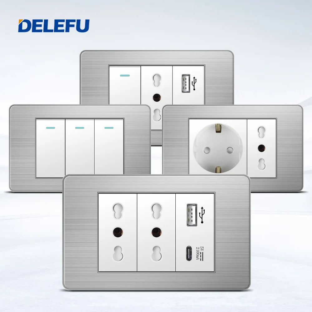 Delefu-tomada de Itália Standard Home Office eu Outlet Usb tipo c Chile Coréia Pressostino White Light 118 Aço Inoxidável