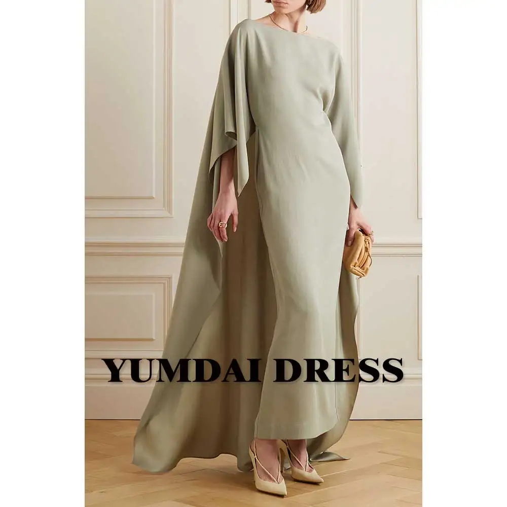 

YUMDAI Grey Green Crepe Long Sleeve Shawl Evening Dress Special Occasion Saudi Arabian Formal Gown Wedding Party Smock Dress