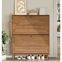 Shoe Storage Cabinet for Entryway with 2 Flip Drawers, Narrow Wood Shoe Cabinet with Fluted Panel, 1