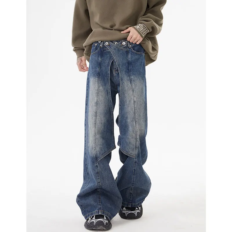 

Vintage Streetwear Punk Hip Hop Patchwork Jeans Rap Style Loose Straight Wash Plus Size Clothing Men Casual Mopping Pants
