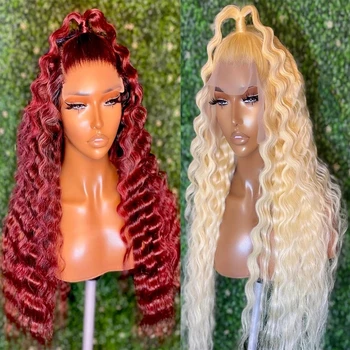 Capelli sintetici 26 "lungo biondo rosso riccio profondo parrucca anteriore in pizzo per le donne morbido Glueless180% densità prepizzicata cosplay quotidiano