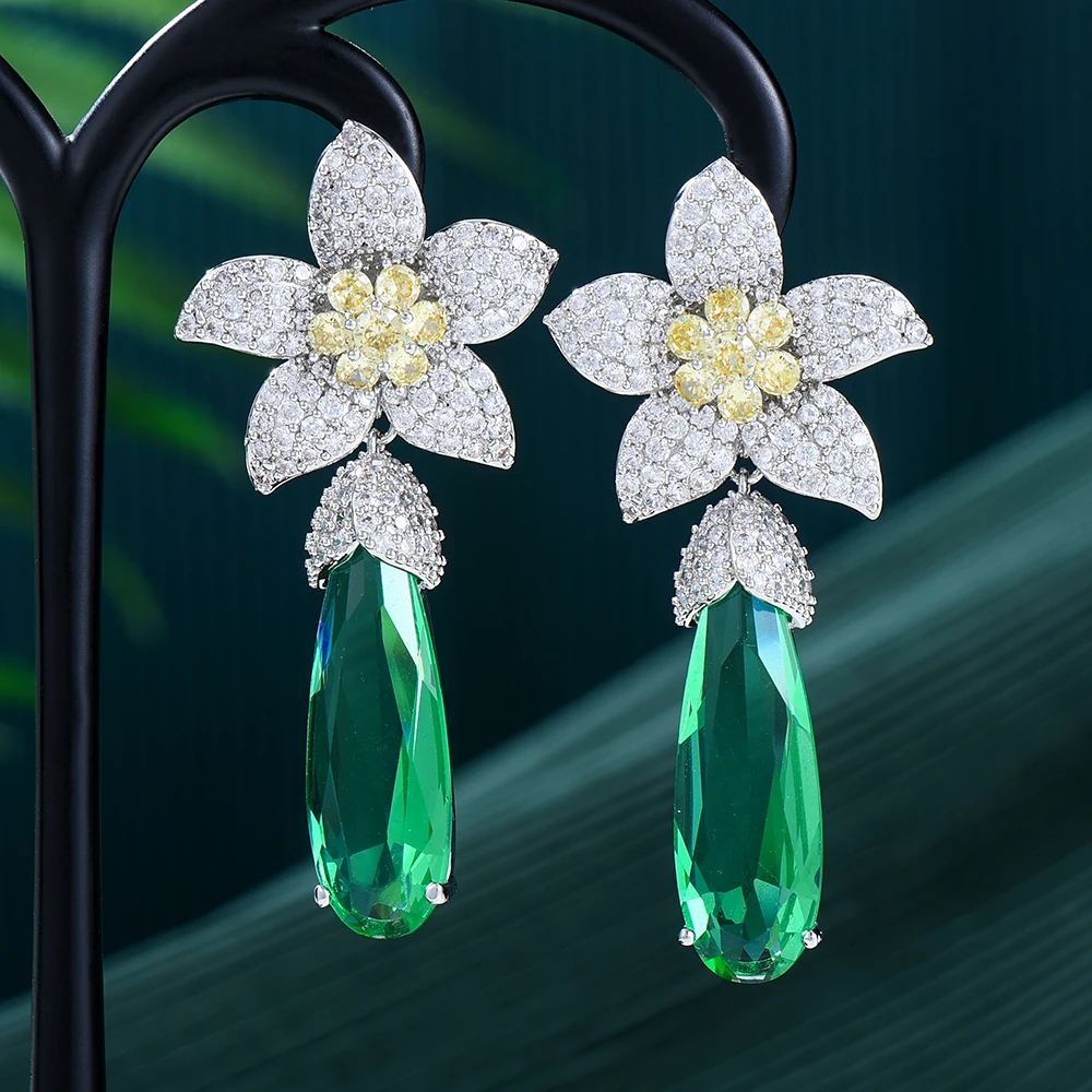 Missvikki Luxury Flower Clear Drop Earrings Trendy Cubic Zircon Indian Earrings for women Wedding Engagement Party JEWELRY GIFT