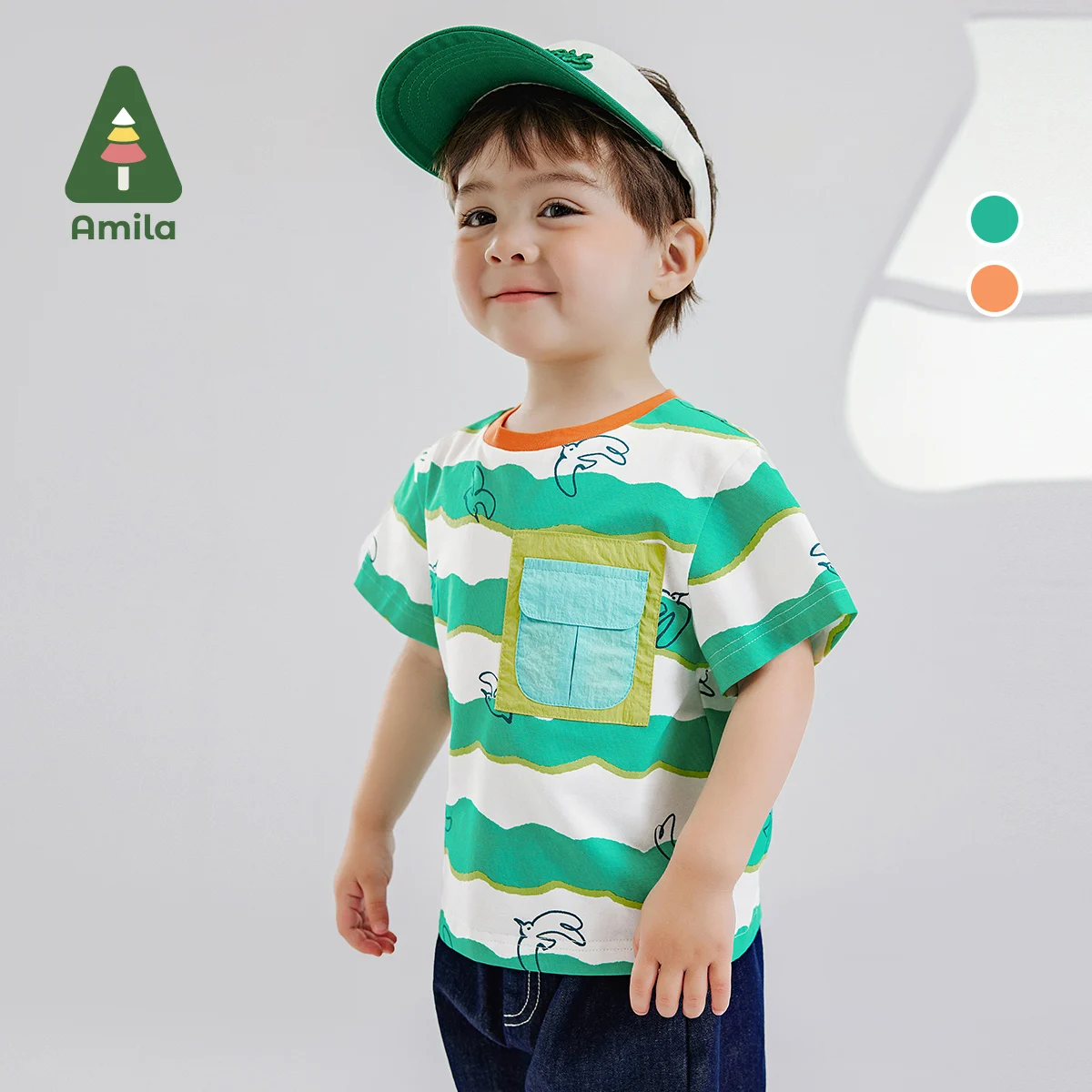 

Amila 2024 Summer New Boys' Top with Wavy Short Sleeves Color Matching Round Neck Workwear Style Cotton Permeable T-shirt