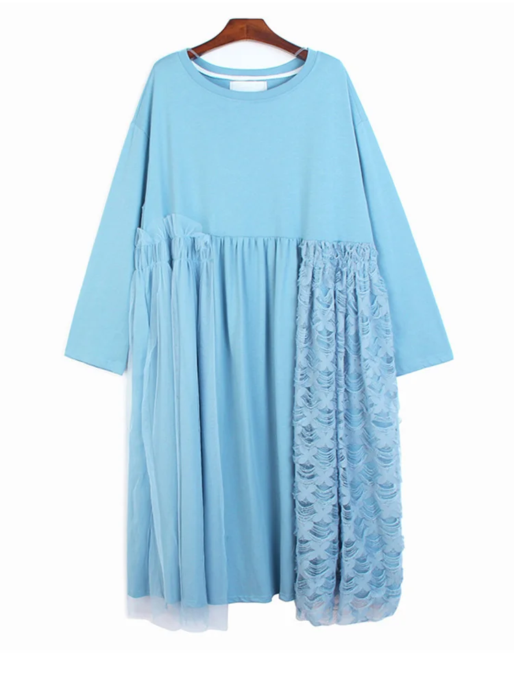 

Women Blue Mesh Pleated Big Size Long Dress New Round Neck Long Sleeve Loose Fit Fashion Tide Spring Autumn 2022 K069