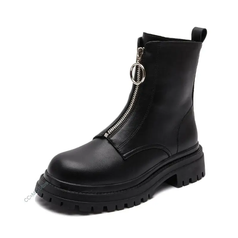 New Ankle Boots Split Leather Women Flat Platform Short Booties Fashion  Motorcycle Autumn Winter Boots