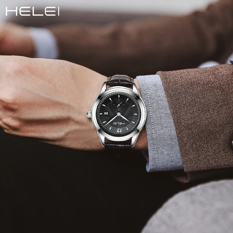 HELEI Men's Fashion Quartz Watch Leather Strap Waterproof Men's Watch Double Dial Pointer Calendar Display Gift For Men