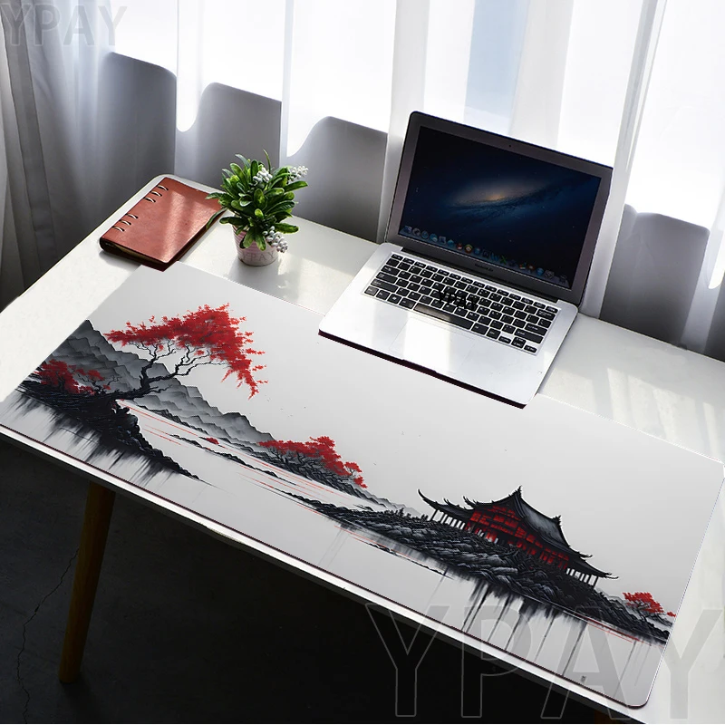 LTHAOGUO Grand Tapis De Souris De Jeu Japonais Avec Peinture à L'encre Asiatique - Motif Montagne Et Soleil - Grand Tapis De Souris - Bords Cousus