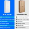 White Kitchen Pantry Cabinet, Pantry Storage Cabinet with Doors and Adjustable Shelves, Metal Food Pantry Cabinets with Handle 4