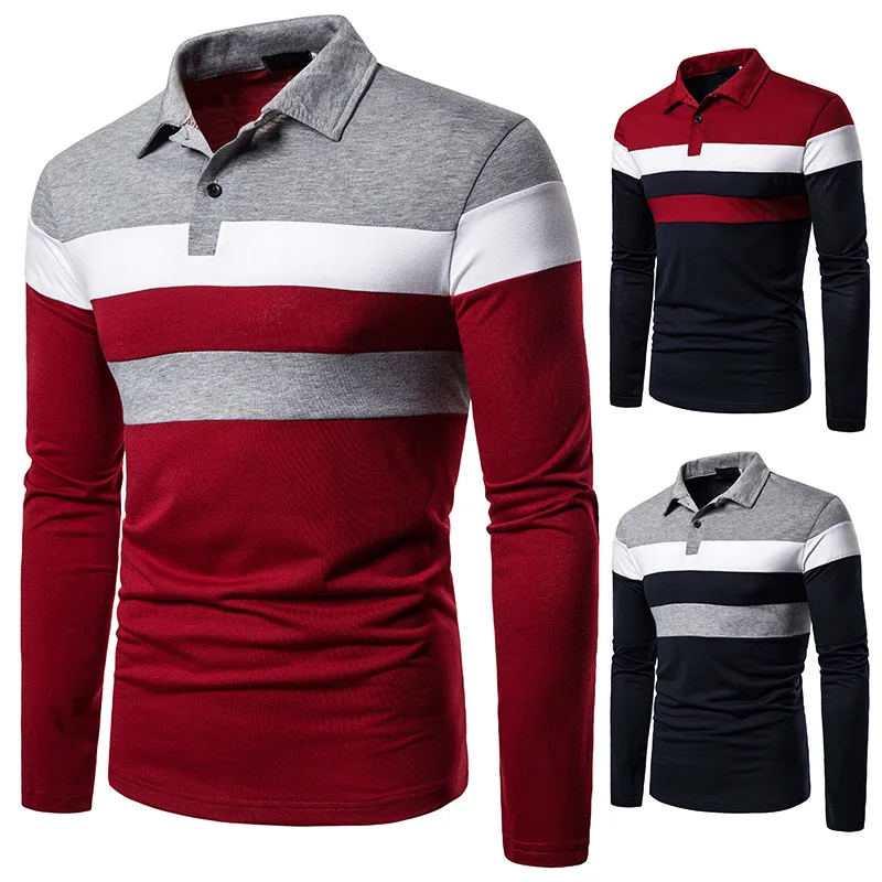 

Spring And Autumn Long-sleeved T-shirt Men's Fashion Striped Color Matching T-shirt Men's Lapel Polo