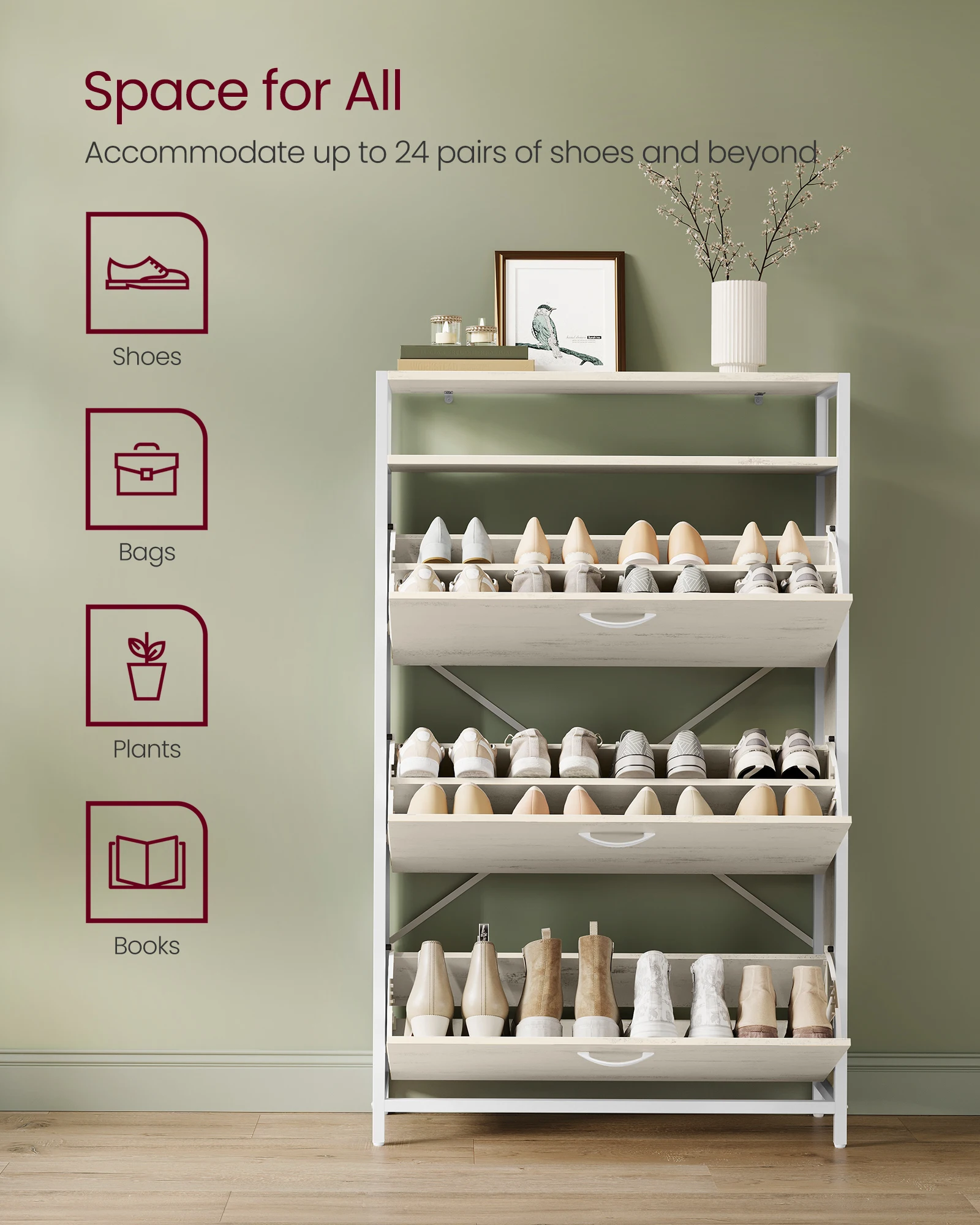 VASAGLE Shoe Cabinet with 3 Flip Drawers, Shoe Storage Cabinet, Asjustable and Removable Dividers, Holds 15-24 Pairs of Shoes 2