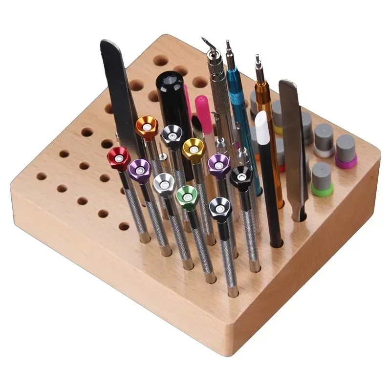 46 Holes Watch Repair Tools Holder Box Wooden Rack Leather Craft ...