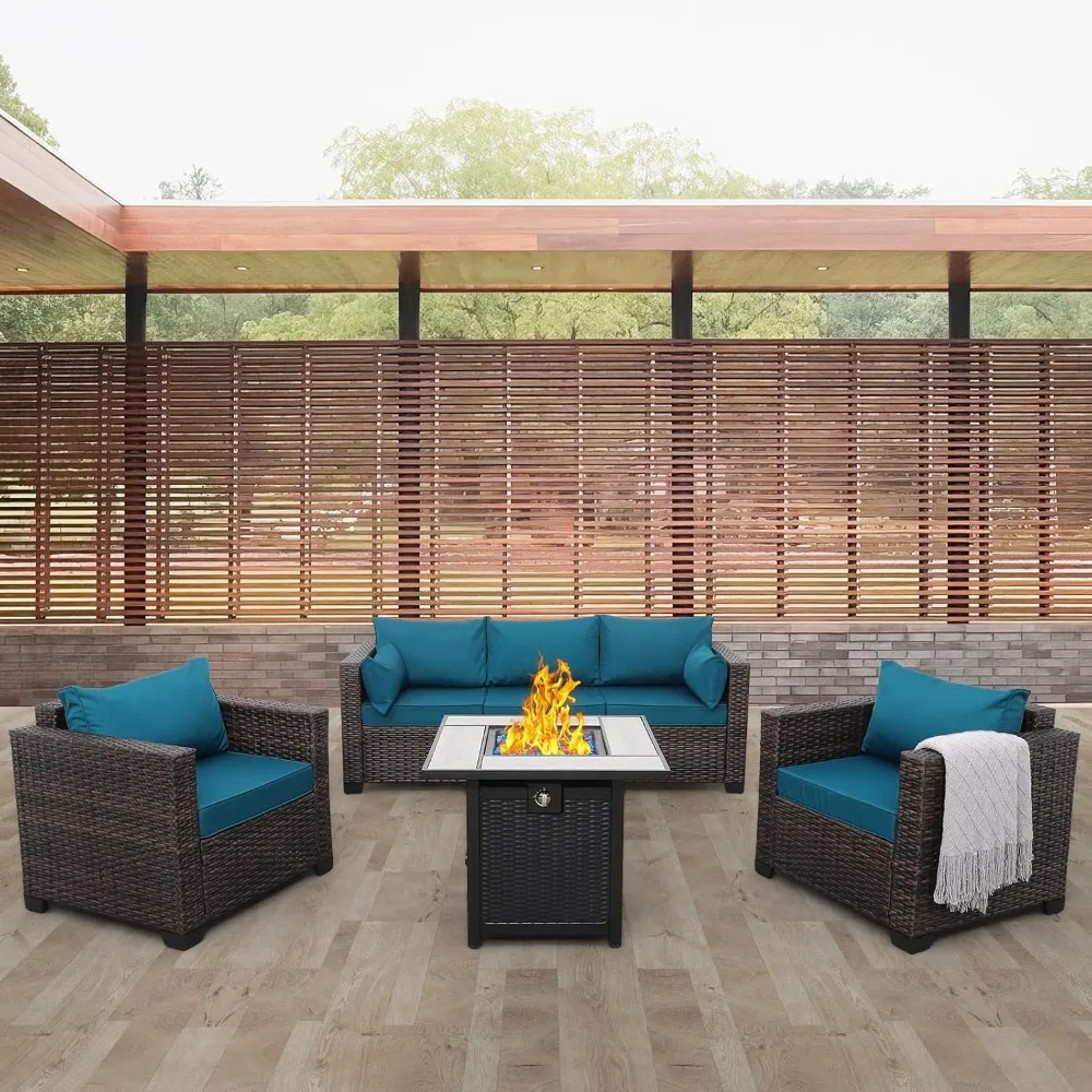 Patio Rattan Furniture Set  Outdoor PE Wicker Conversation Couch, Brown Sectional Sofa Couch with 50,000BTU Adjustable 2