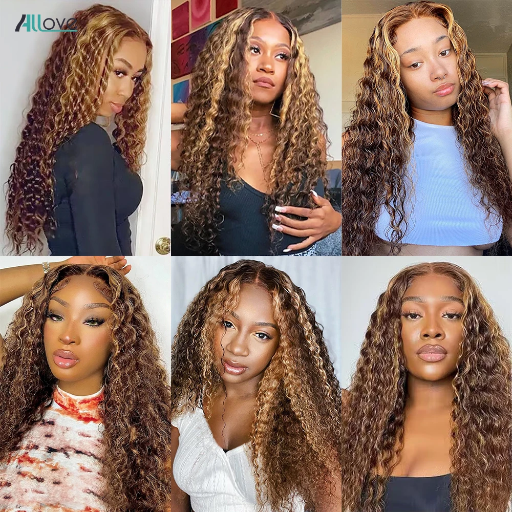 Human Hair Bundles Allove Highlight Bundles With Closure Deep Wave With 4x4 Transparent Lace Closure Ombre Honey Brown Remy Hair human hair bundles