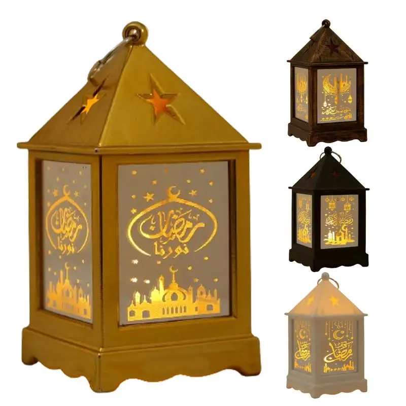 

Ramadan Lantern Eid Mubarak LED Lights Lantern Candle Holder Lamp Gold Mini Castle Pattern Eid Lantern Vintage Hexagonal