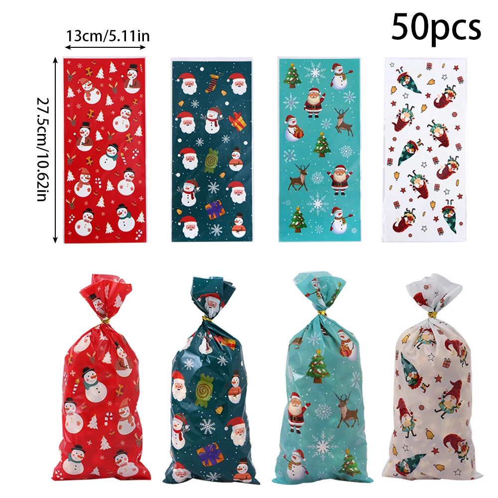 Prudance 50 PCS Christmas YPF5 Plastic Cookie Bags With Stickers Translucent Snowflake Santa And Candy Bags For Christmas Party Supplies