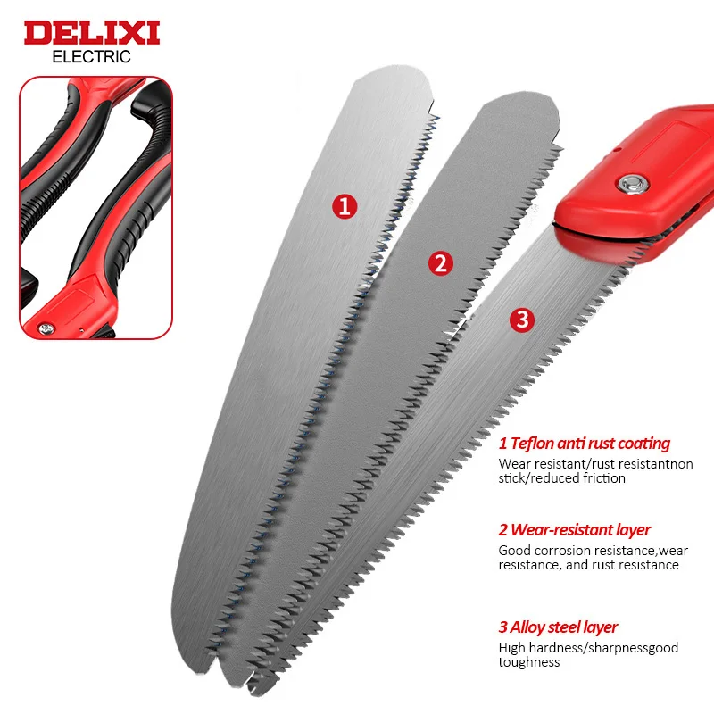 DELIXI ELECTRIC Folding Saw，SK9 steel One-button Folding Design，Sharp Cutting Wood,Camping,GardensPruning Saw,Tree Chopper Knife 3